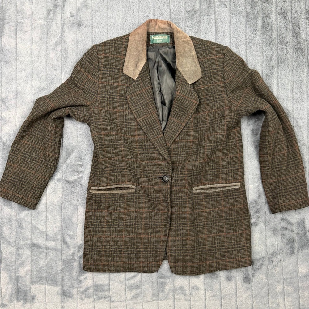 Harve Benard Petite Brown Plaid Blazer Suede Collar Vintage Equestrian Jacket 8P